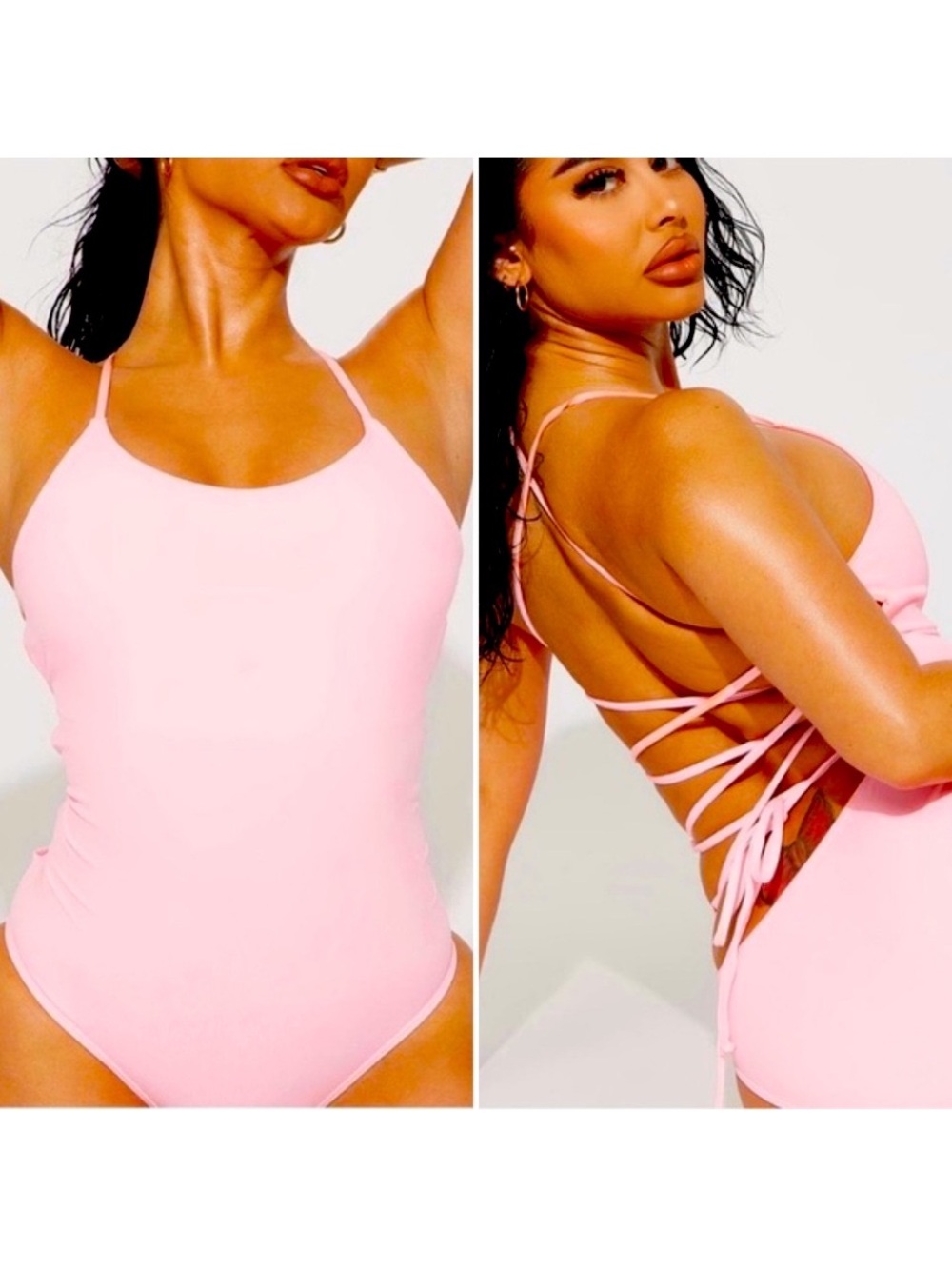 FASHION NOVA Cabana Del Sol Lace Up Back One Piece Swimsuit Pink Large NEW NWOT